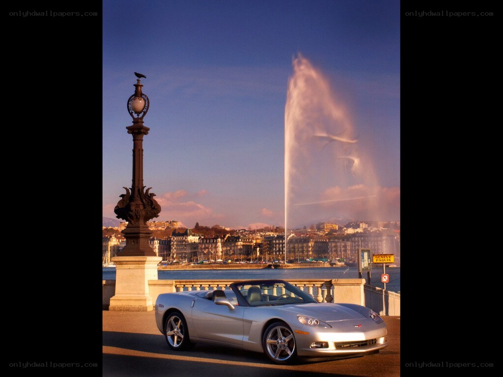 Silver Corvette by the fountain