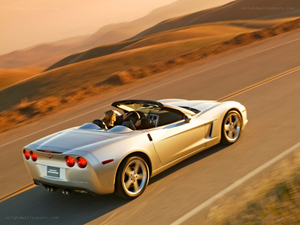 Silver Corvette convertible on a road