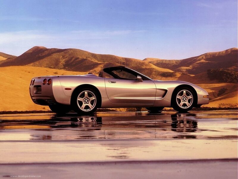Silver Corvette in desert landscape