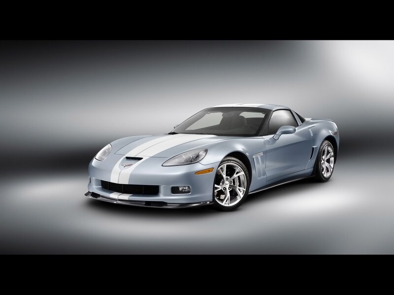 silver corvette with racing stripes