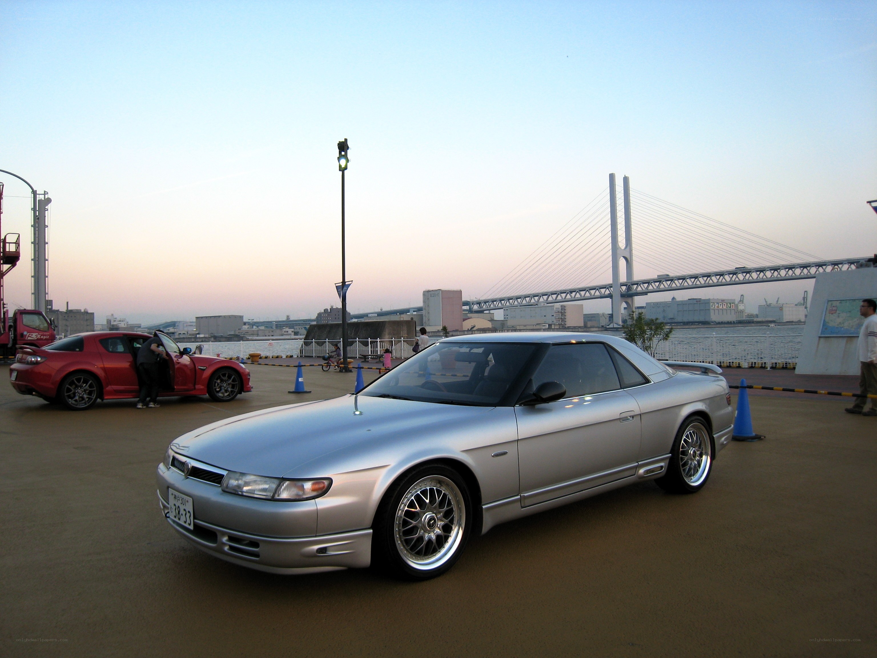 Silver coupe at waterfront
