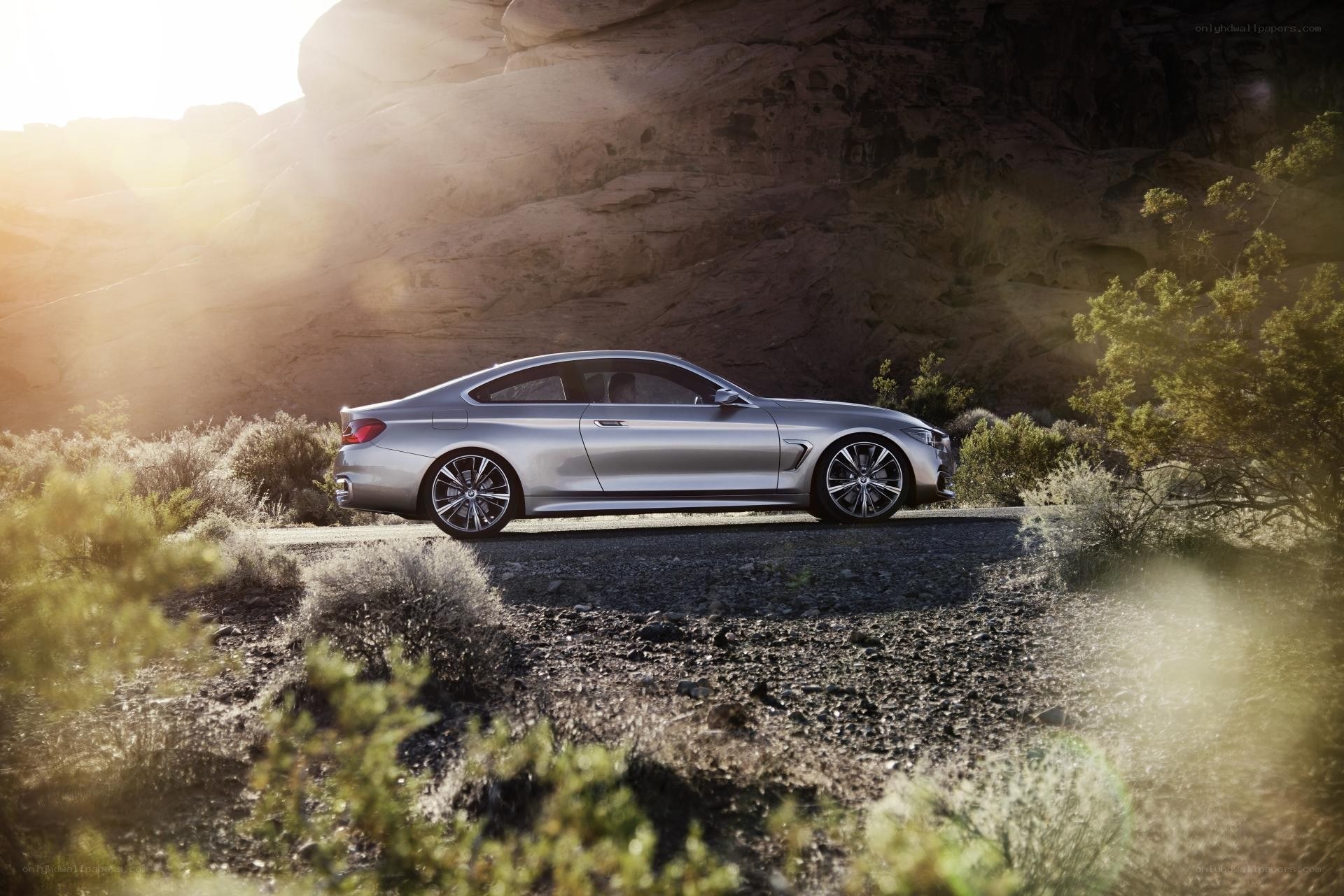 Silver coupe in desert landscape