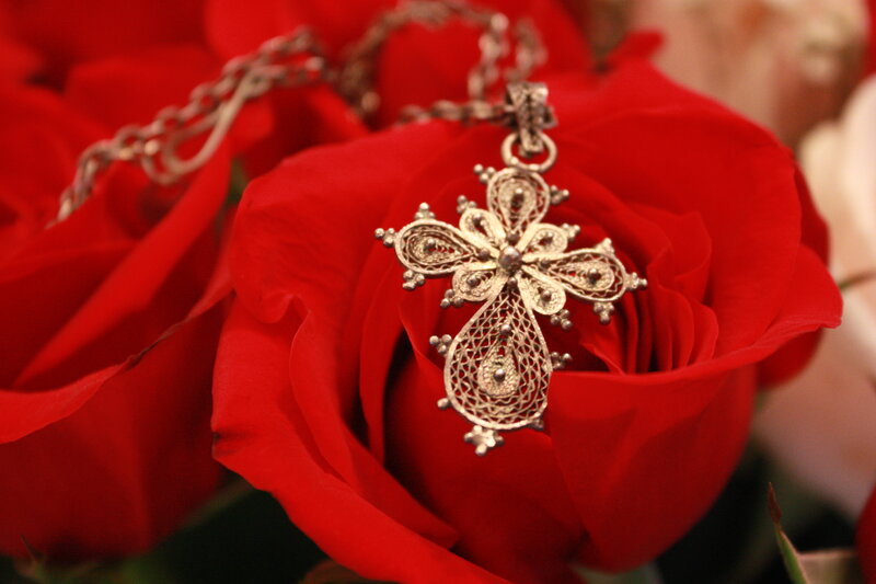 Silver Cross on Rose