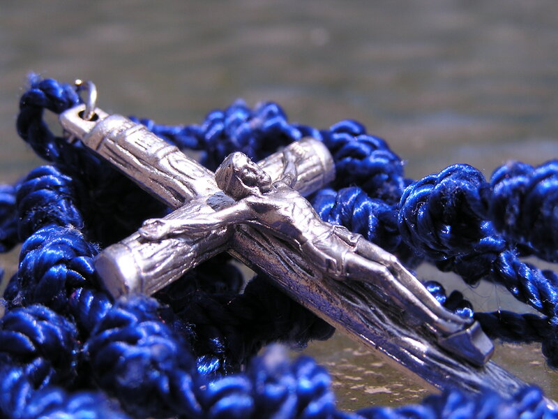 Silver Crucifix on Blue Cord