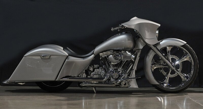 Silver Custom Motorcycle — Dramatic, Photograph, Saddlebags