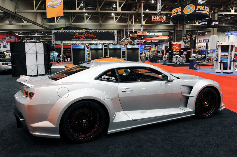 Silver custom sports car at auto show