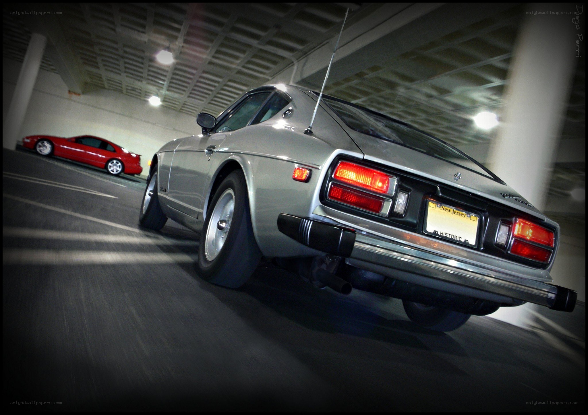 Silver Datsun in parking garage
