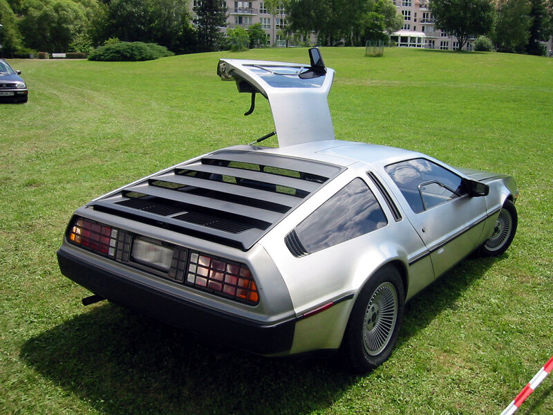 Silver DeLorean with gullwing door