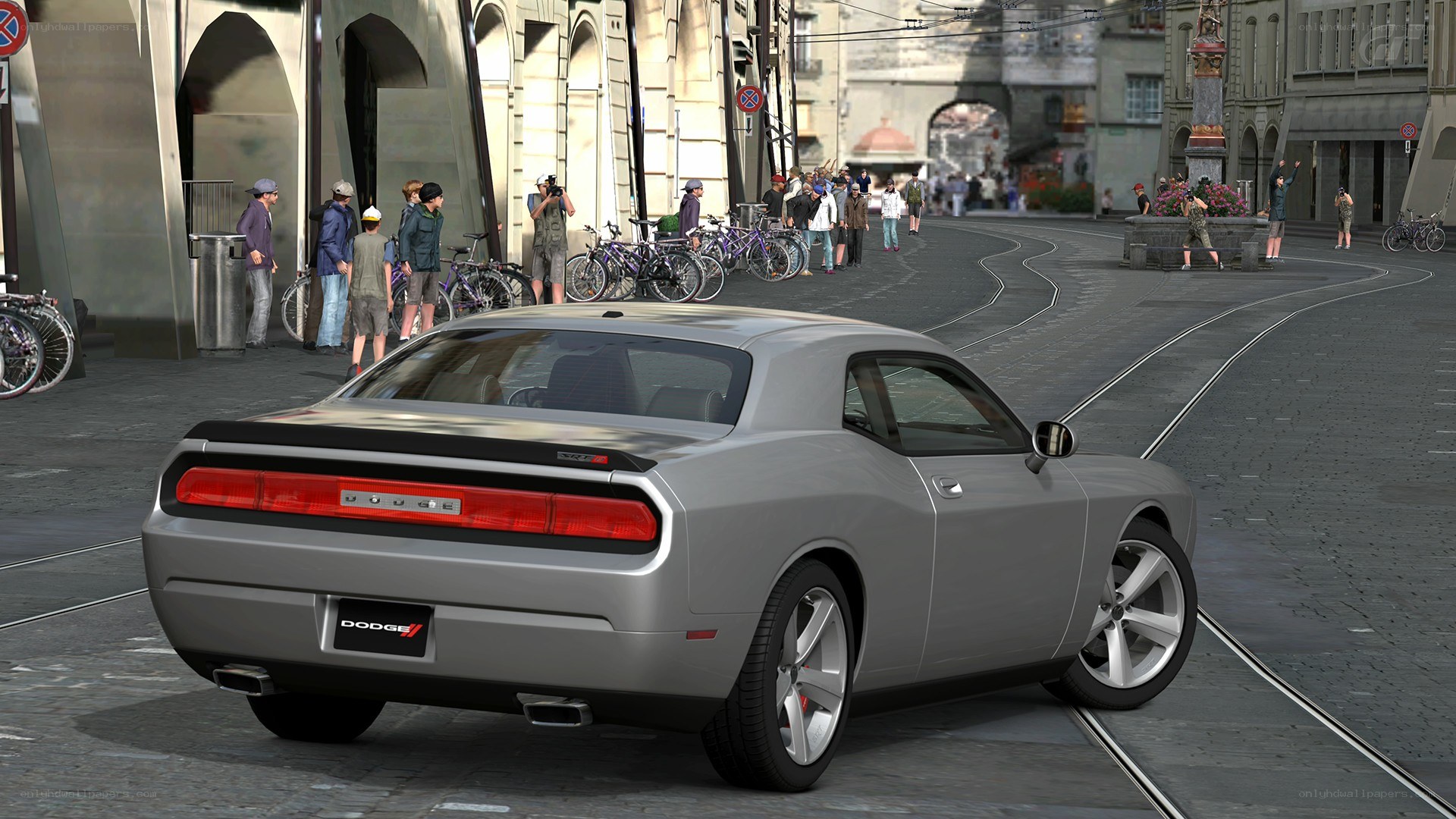 Silver Dodge Challenger in city