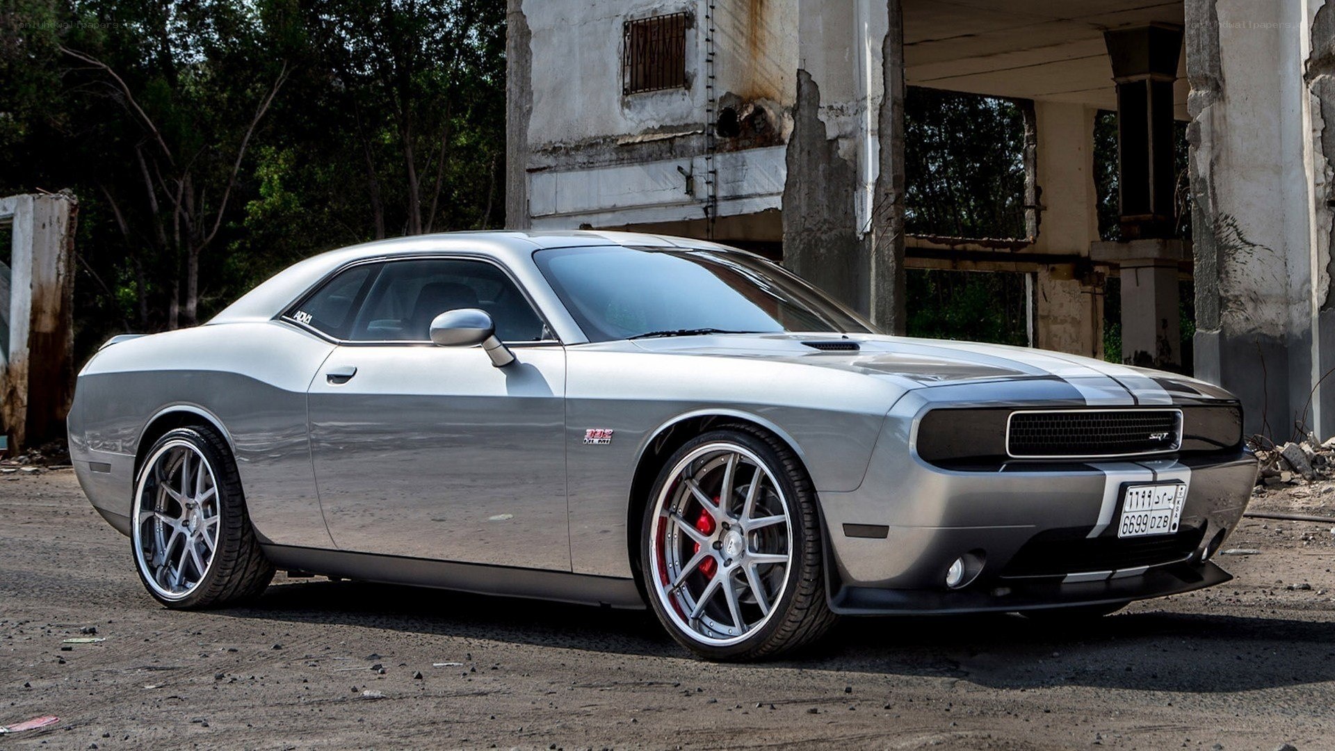 Silver Dodge Challenger in urban decay