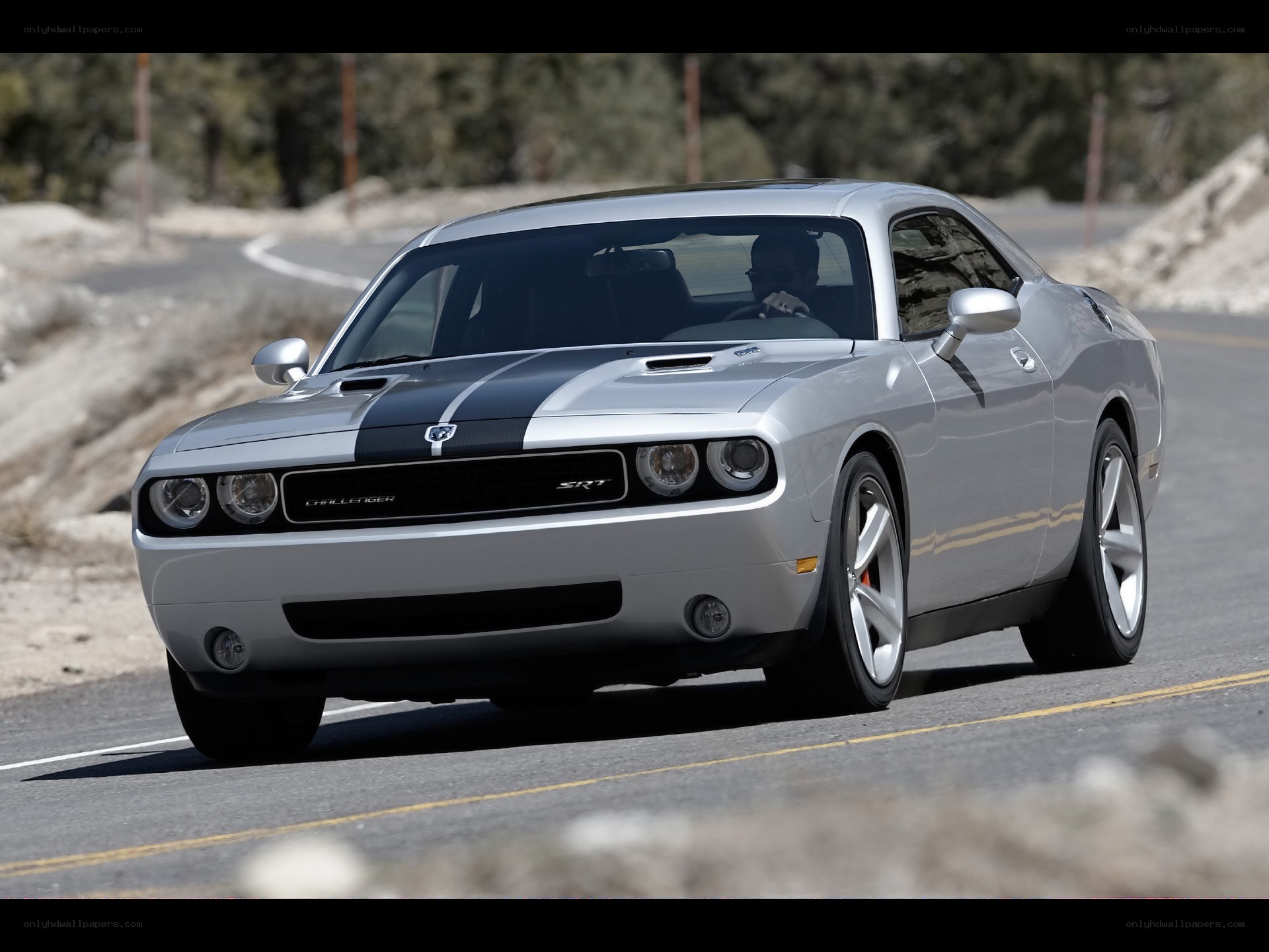 Silver Dodge Challenger SRT8 on road