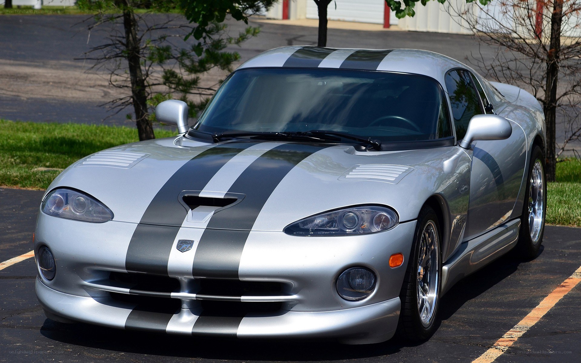 Silver Dodge Viper with racing stripes