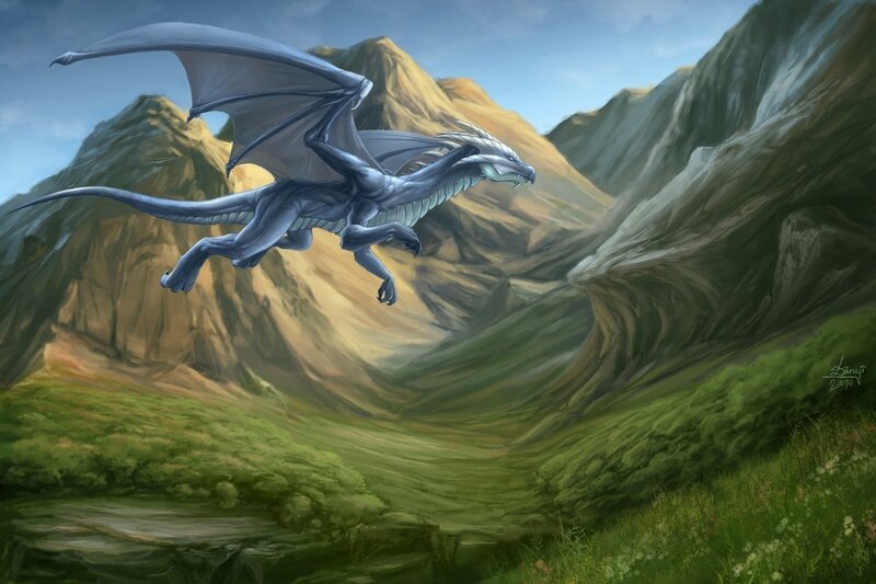 Silver dragon flying over mountains