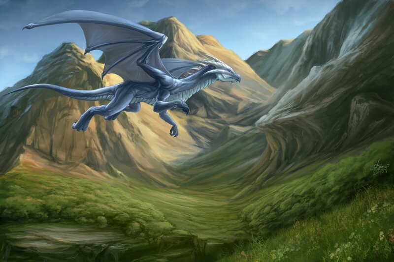 silver dragon in mountain valley