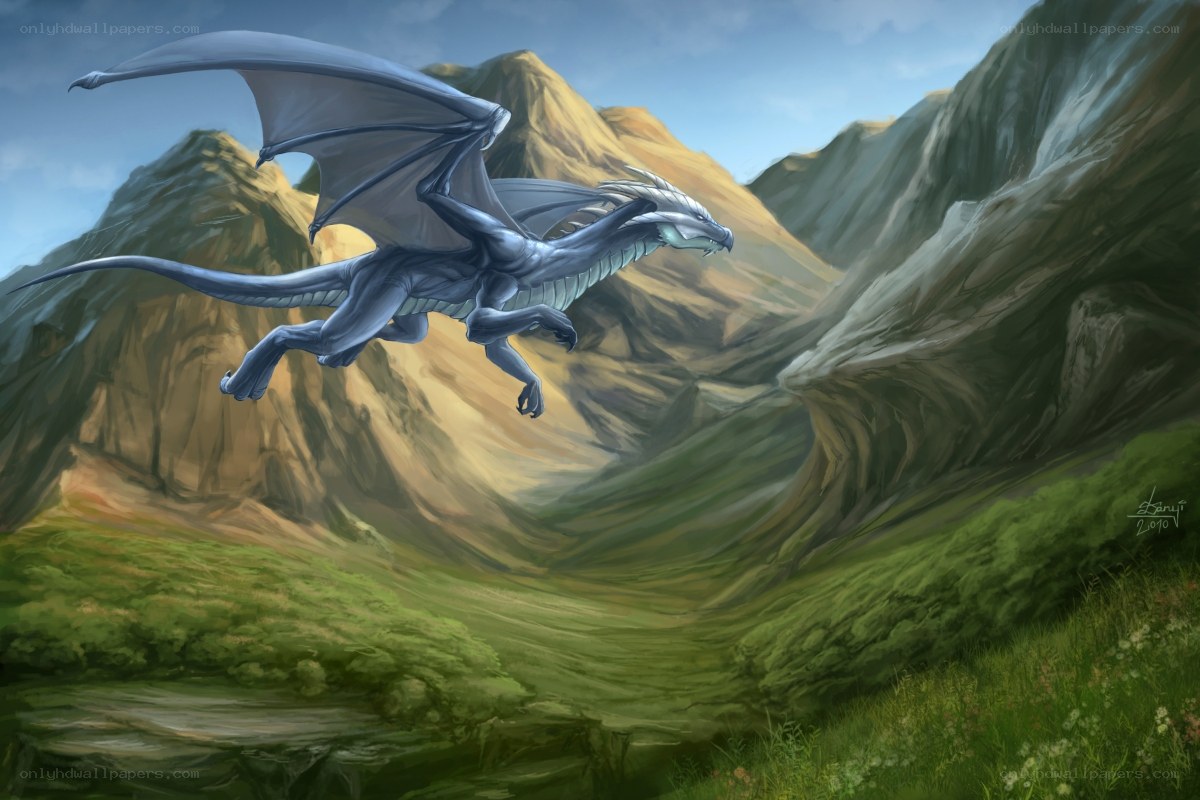 silver dragon in mountain valley