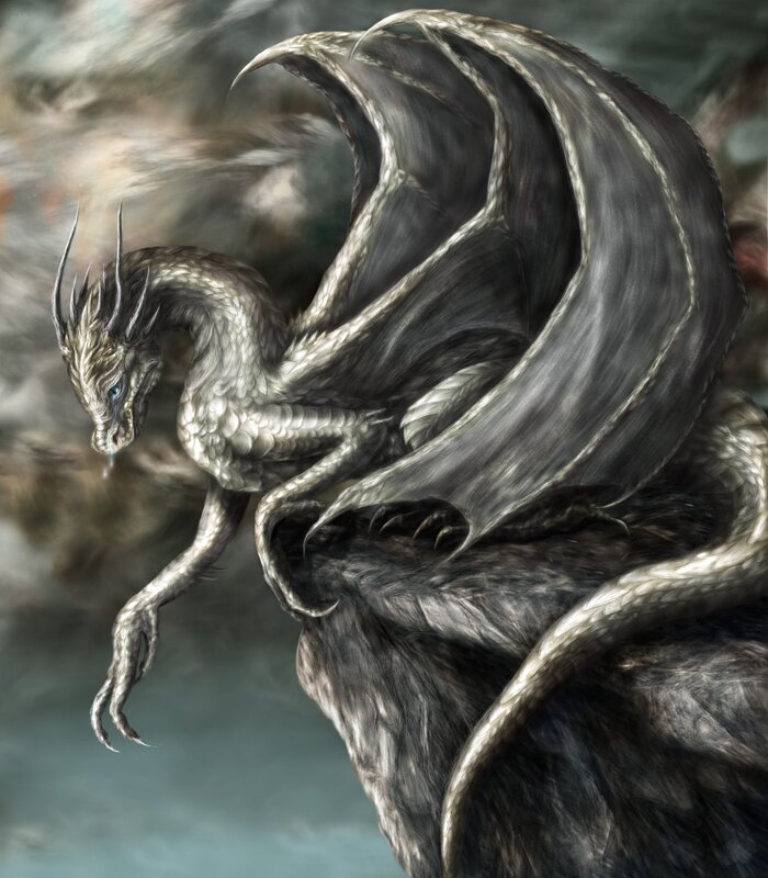 Silver Dragon with Wings — Gray, Dramatic
