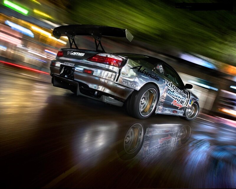 Silver Drift Car — Dynamic, Night, Photograph, Tire