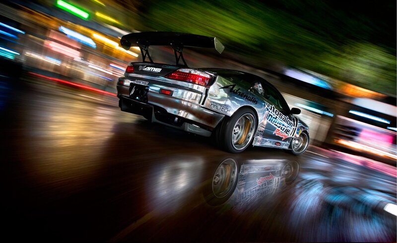 Silver Drift Car — Dynamic, Night
