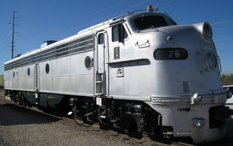 Silver E8 locomotive on display