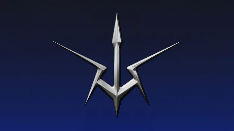 silver emblem on blue background