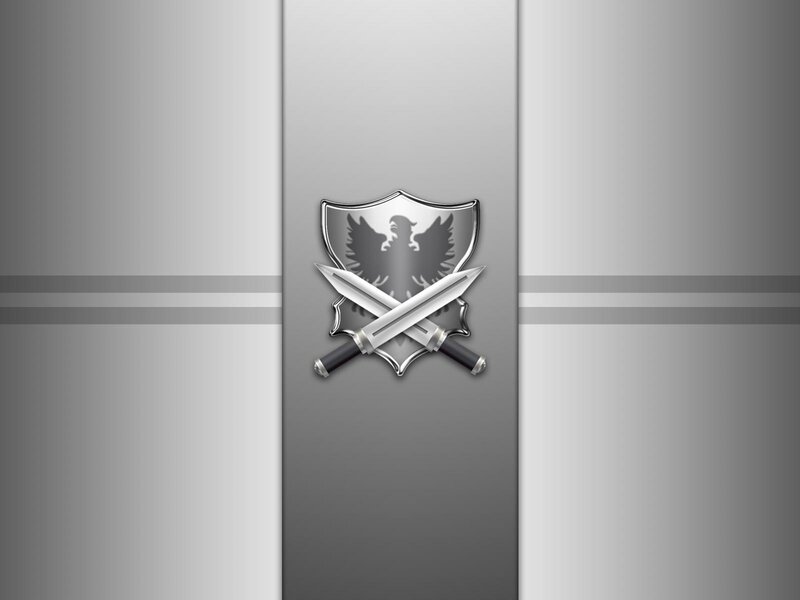 silver emblem with shield and swords