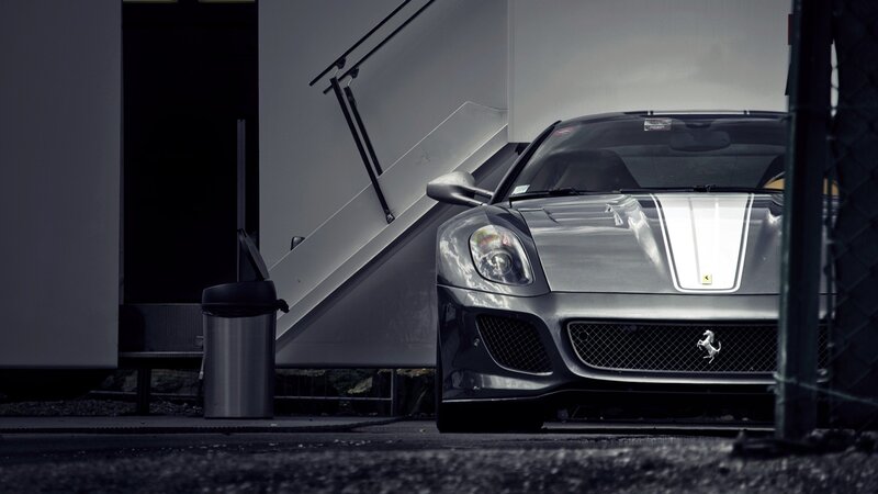 Silver Ferrari Car — Gray, Dramatic, Photograph, Trash Can