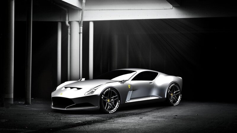 Silver Ferrari in a dark garage