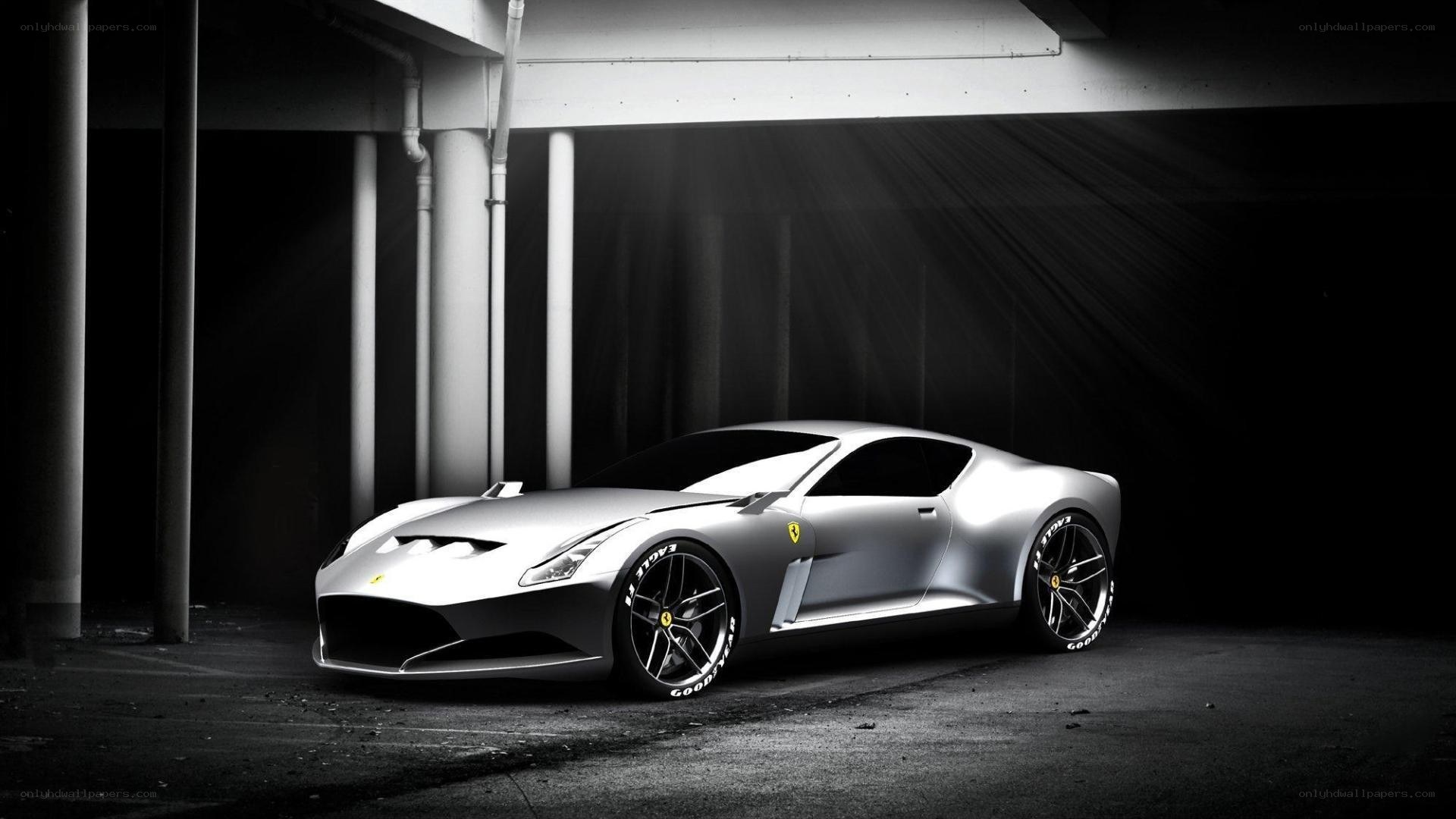 Silver Ferrari in a dark garage