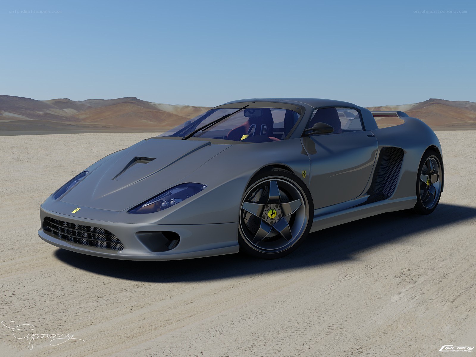 Silver Ferrari in desert