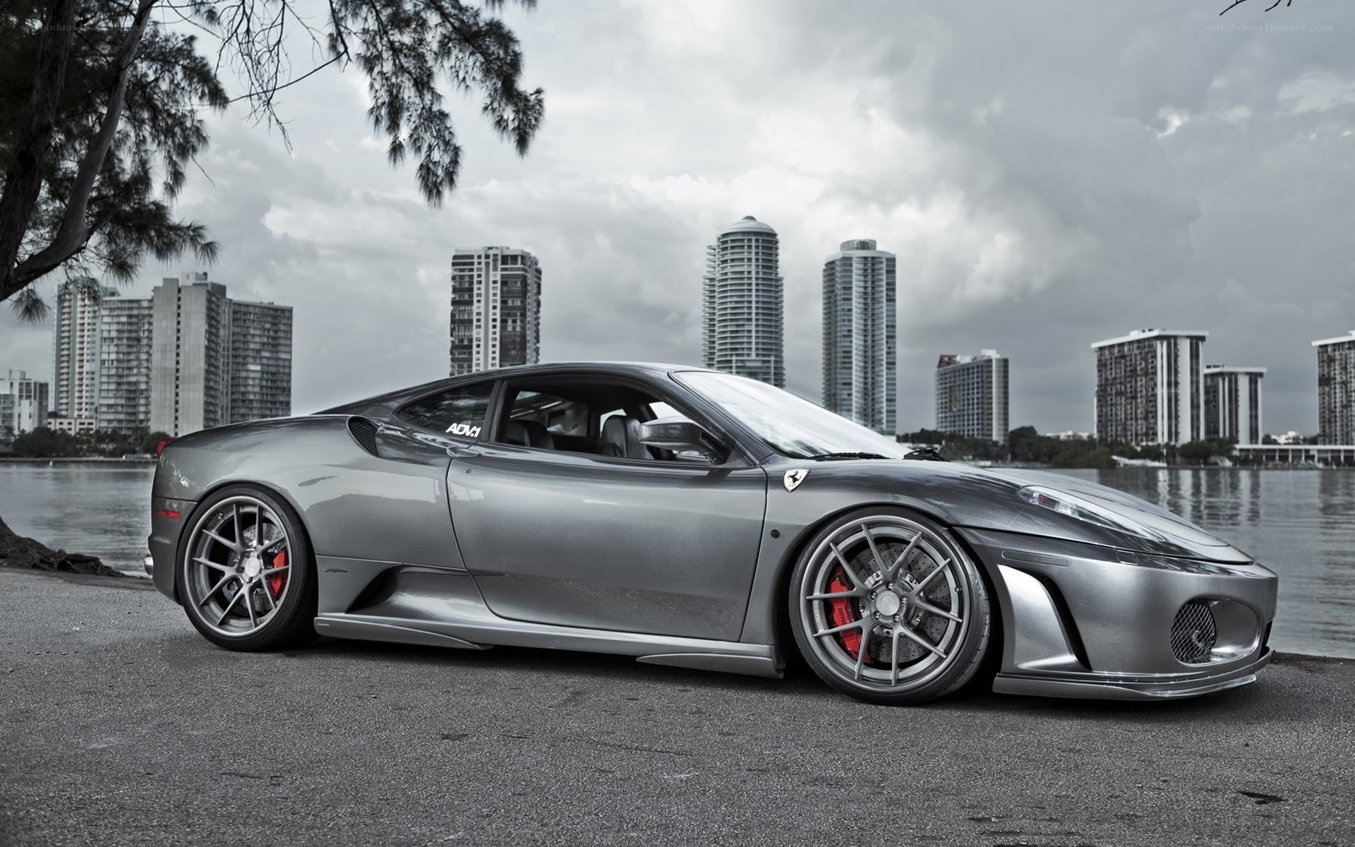 silver ferrari on waterfront