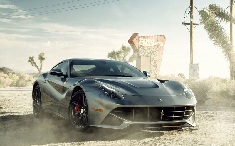 Silver Ferrari Sports Car — Gray, Dramatic, Afternoon