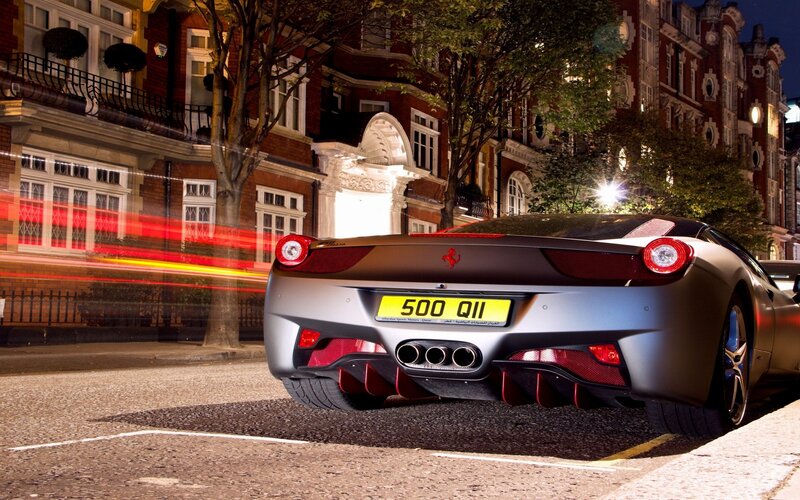 Silver Ferrari Sports Car — Gray, Dramatic, Night