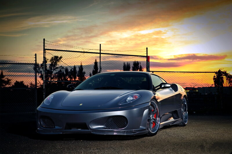 Silver Ferrari Sports Car — Gray, Dramatic, Sunset