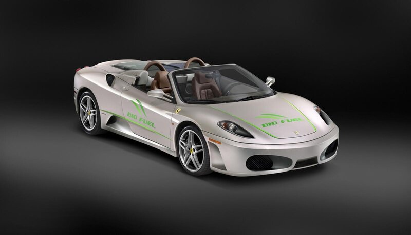 Silver Ferrari with biofuel branding