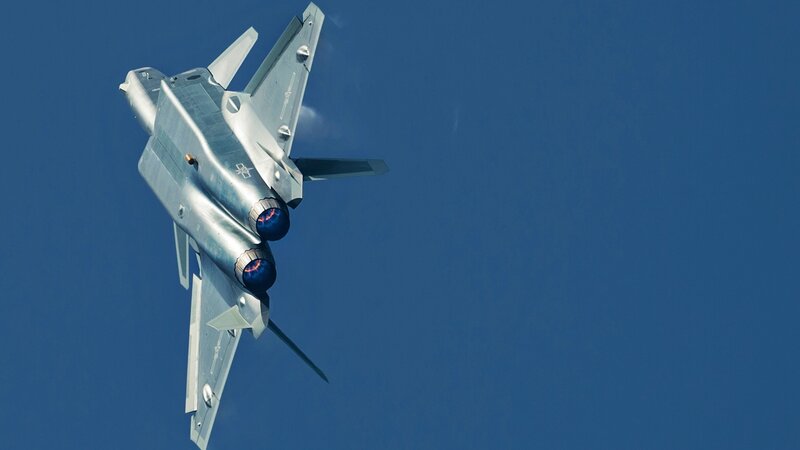 Silver Fighter Jet — Blue, Dynamic, Photograph