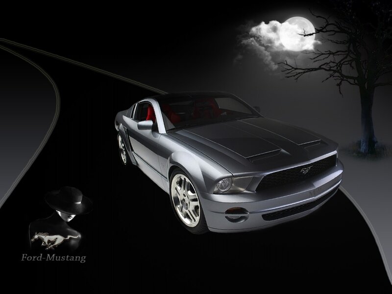 Silver Ford Mustang at night