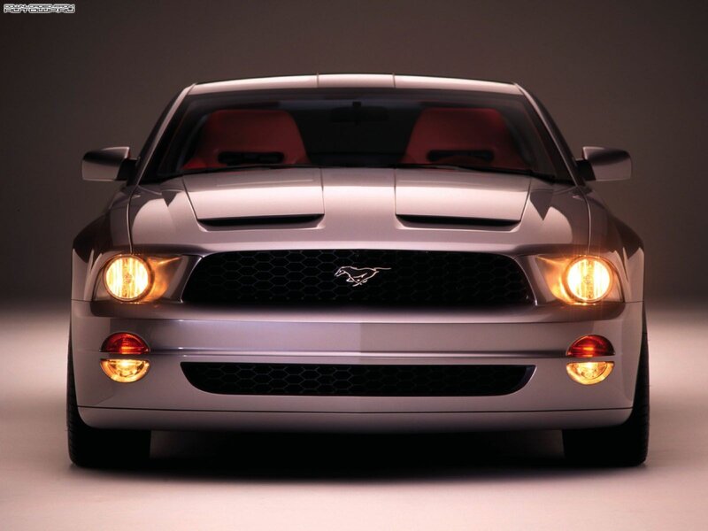 Silver Ford Mustang — Dramatic, Photograph, Red Seats