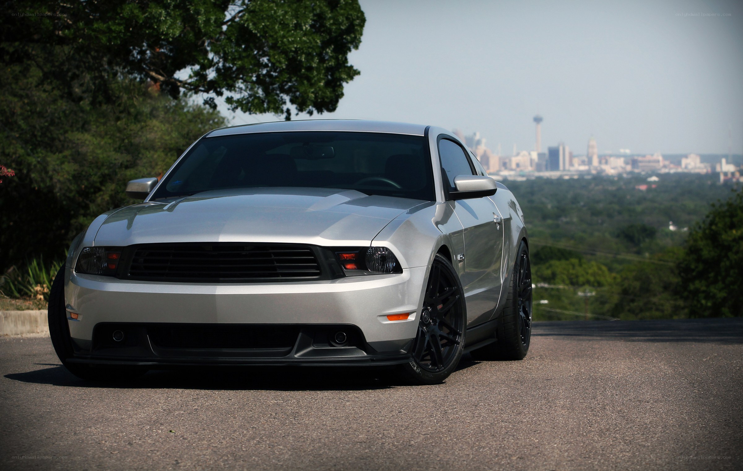 Silver Ford Mustang on a hill