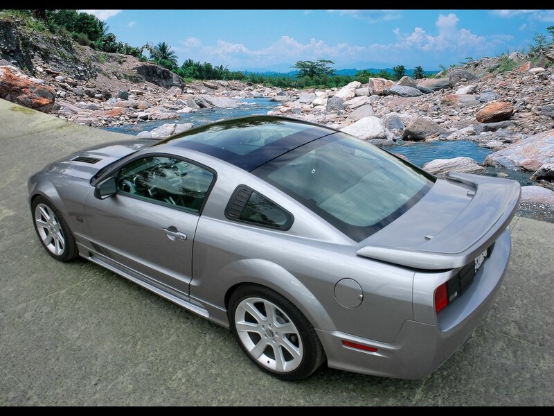 Silver Ford Mustang on a riverbank