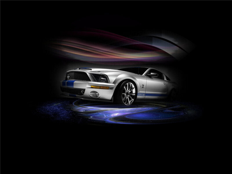 Silver Ford Mustang on glowing platform