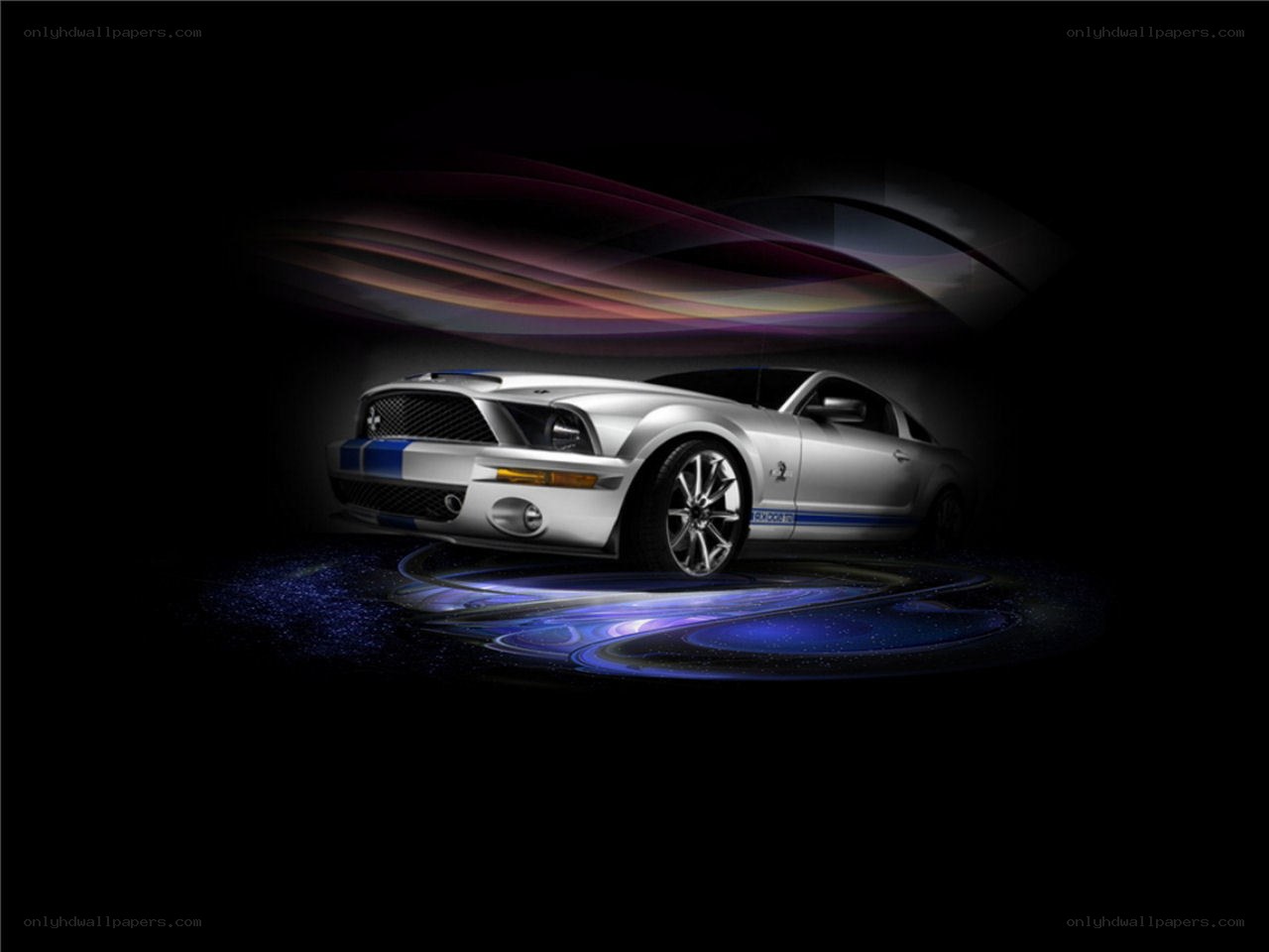 Silver Ford Mustang on glowing platform