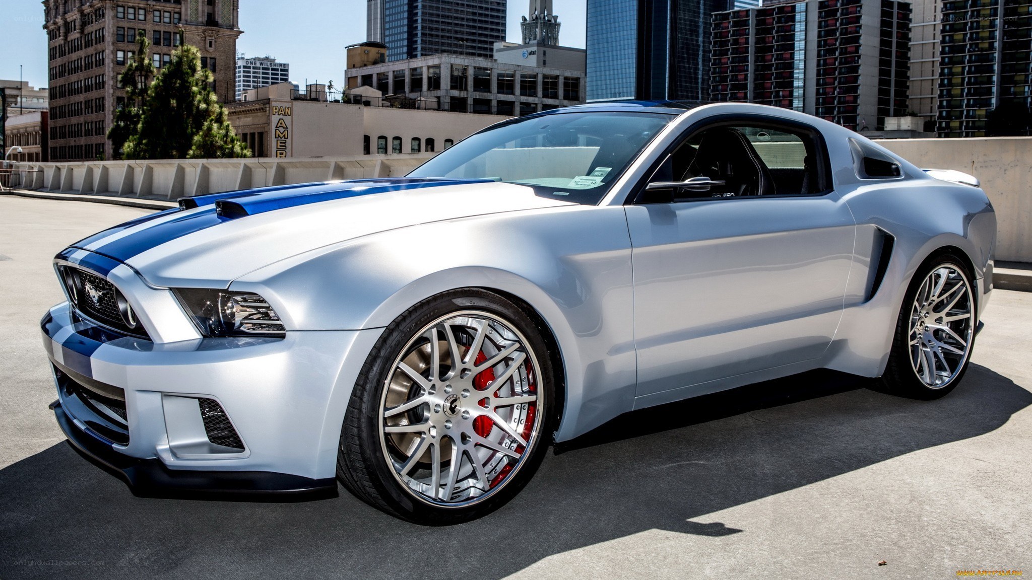 silver ford mustang with blue stripes