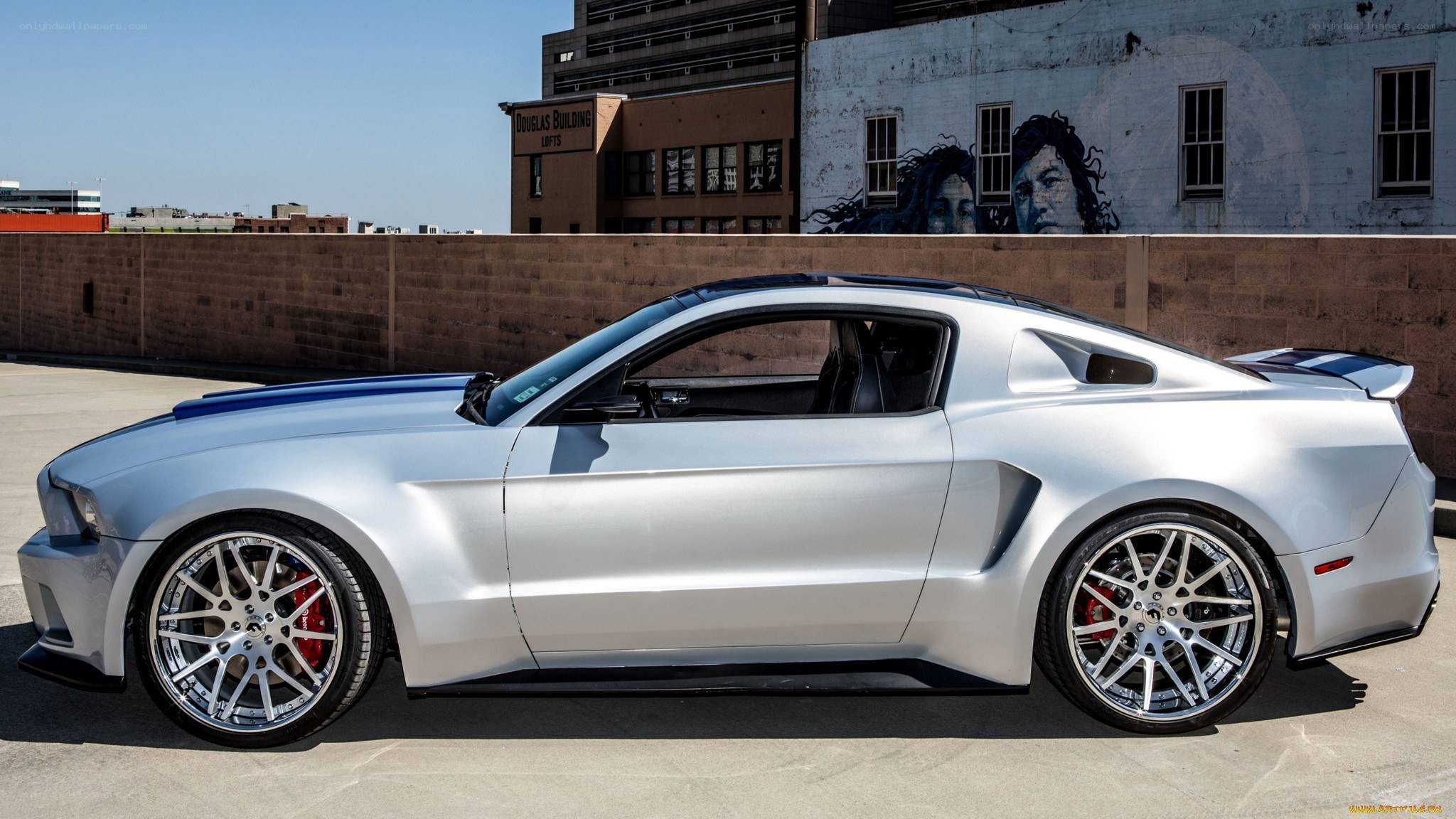 silver ford mustang with blue stripes
