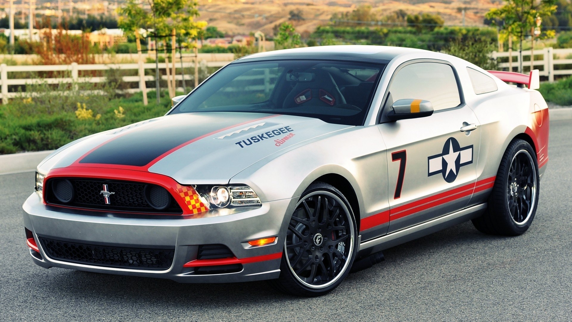 Silver Ford Mustang with racing decals