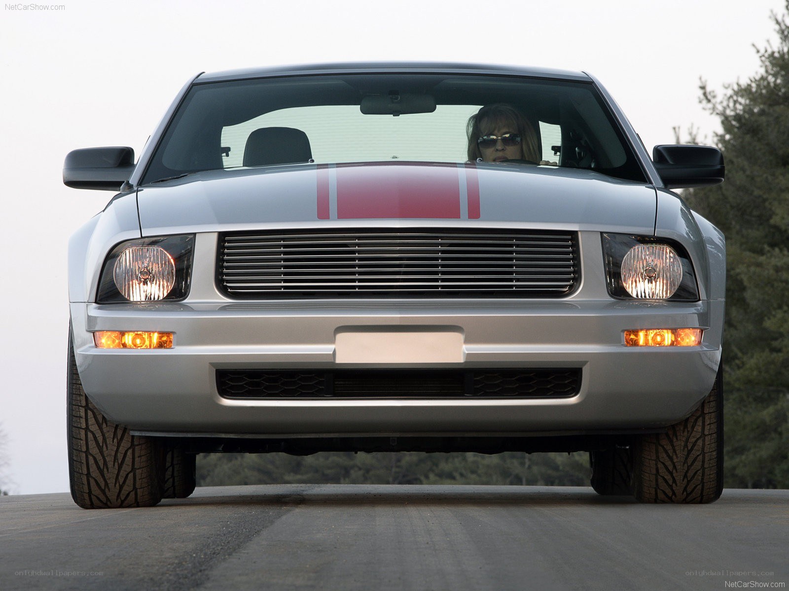 silver ford mustang with red stripes