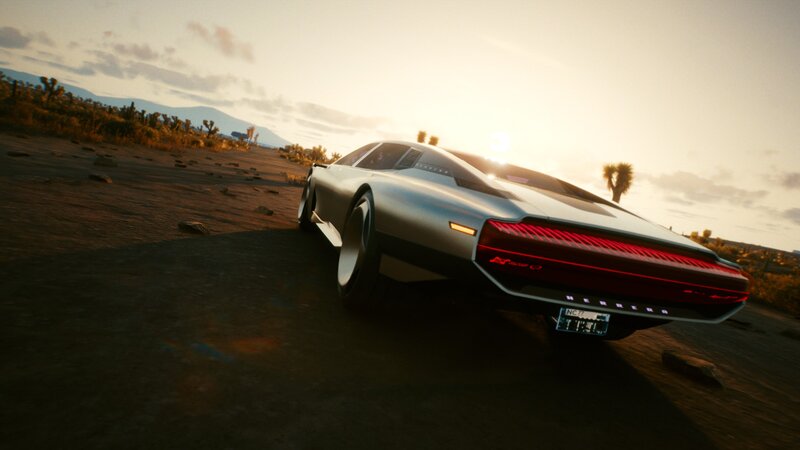 Silver Futuristic Car — Dramatic, Sunset