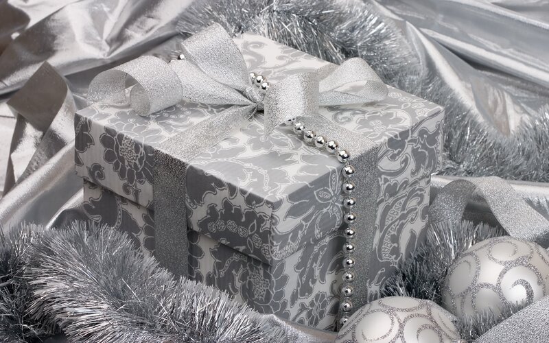 Silver Gift Box — Festive, Winter, Photograph, Ribbon, Tinsel