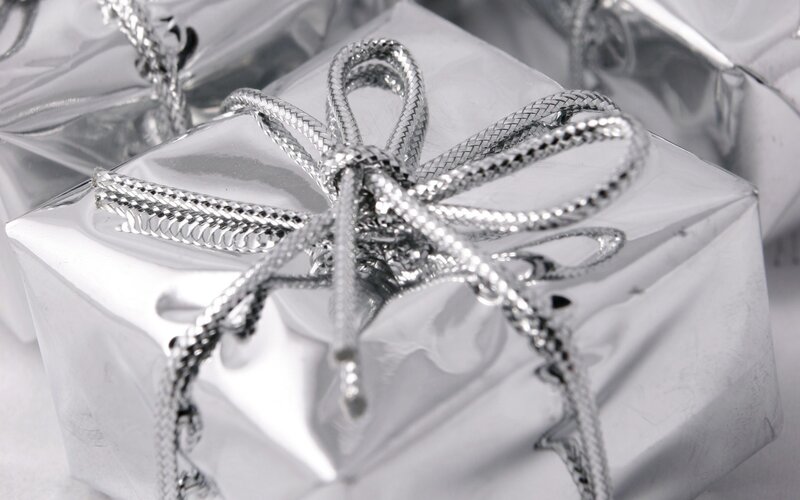 silver gift box with bow