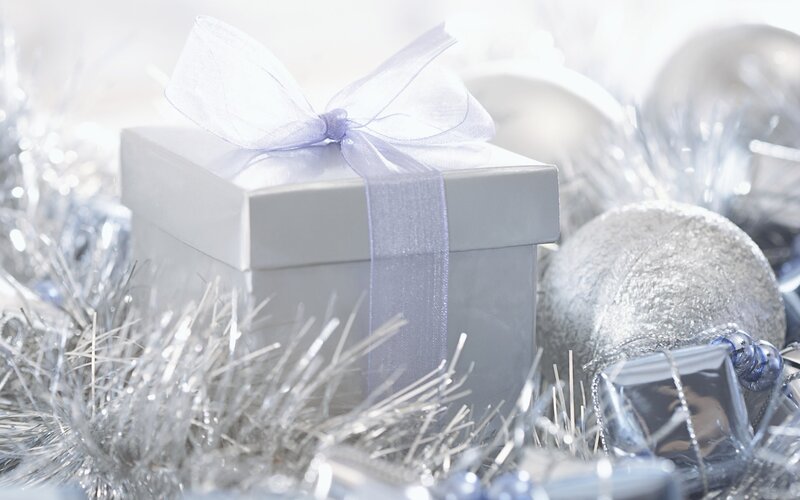 silver gift box with ornaments