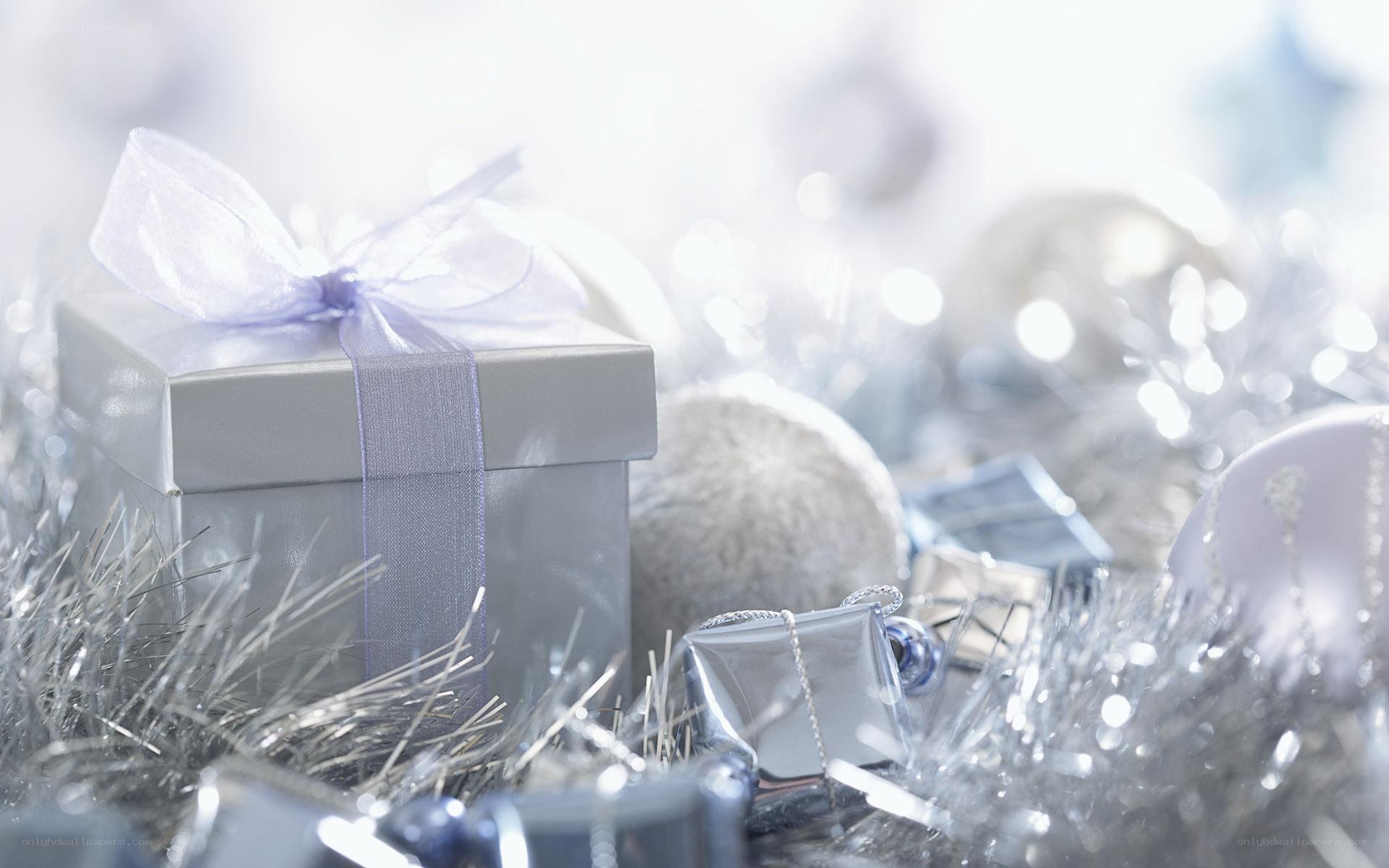 silver gift box with ornaments